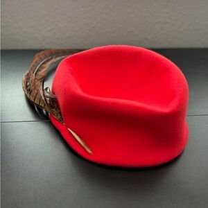 Vintage Halston Vibrant Red Wool Hat with Long Feather Detailing